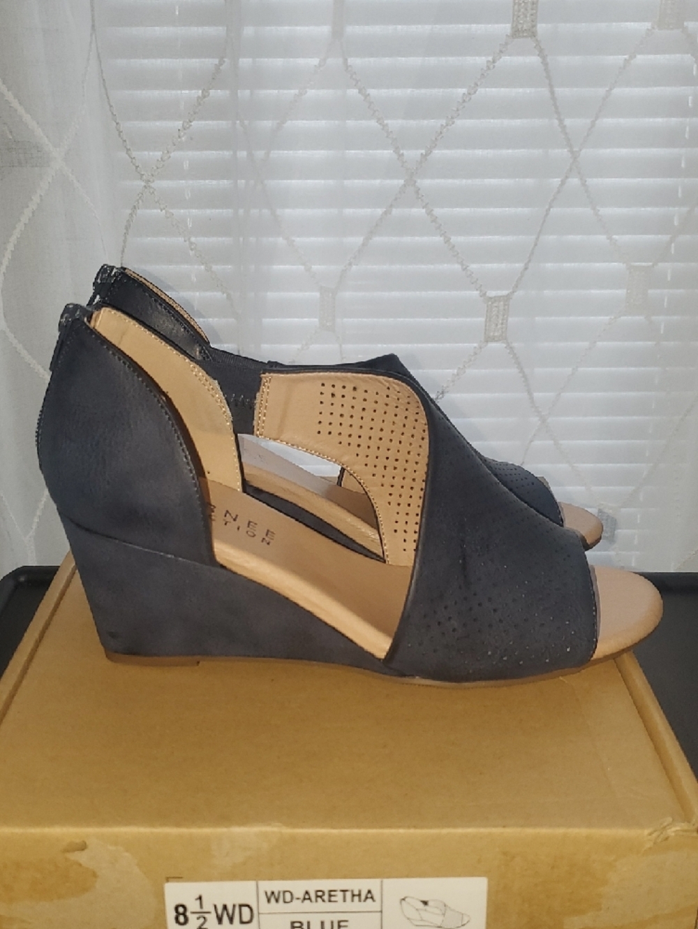 Journee Collection Navy Perforated Open-Toe Wedge Sandals